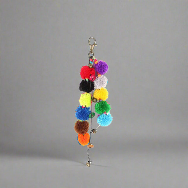 Multicolor Pom Pom Keychain with Beads and Bells | Handmade Zipper Pull | Thailand
