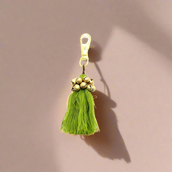 Fair Trade Cotton Tassel Zipper Pull with Bells | Handmade Keychain or Bag Charm from Thailand