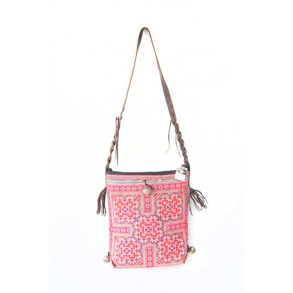 Eliza Hmong Embroidered Vintage Tote with Leather Strap Pink - Thailand