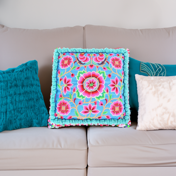 Blue Lagoon Floral Embroidered Pom Pom Cushion Cover - Thailand