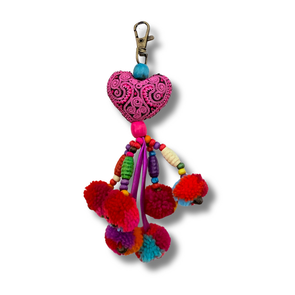 Hearts Pom Pom Zipper Pull Multicolor Tassel (Pink) - Thailand