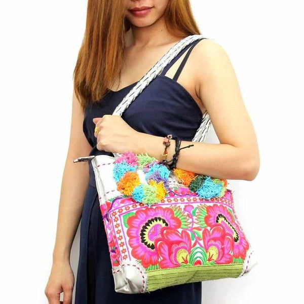 Bonita Vintage Leather Pompom Shoulder Bag - Thailand