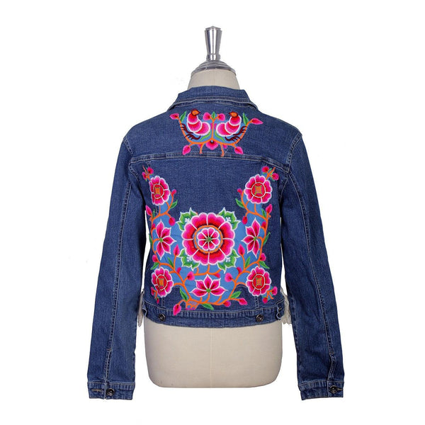 One-of-a-Kind Embroidered Tween Flower Denim Fringe Jacket - Thailand