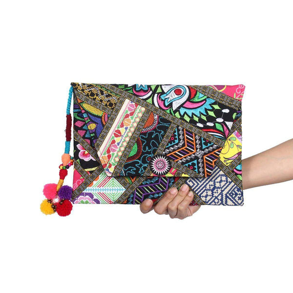 Embroidered Patchwork Clutch with Pom Pom Tassel - Thailand