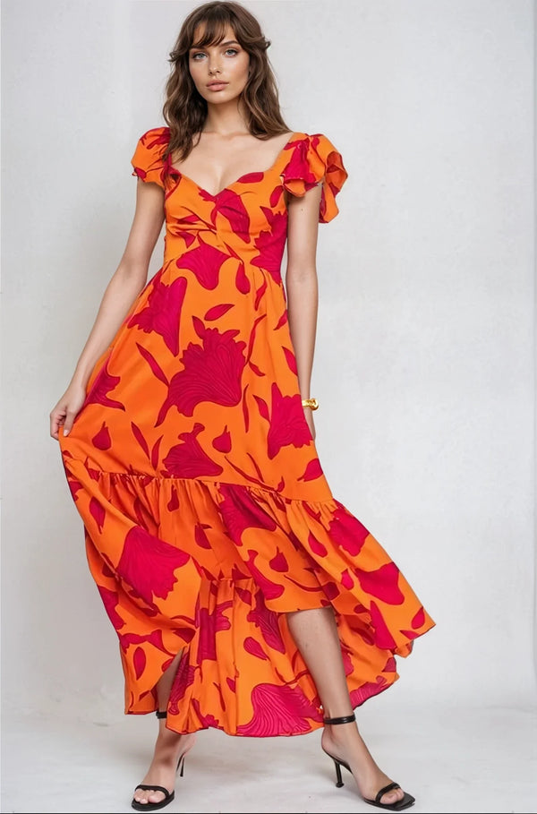 Vibrant Fire Floral High Low Maxi Dress