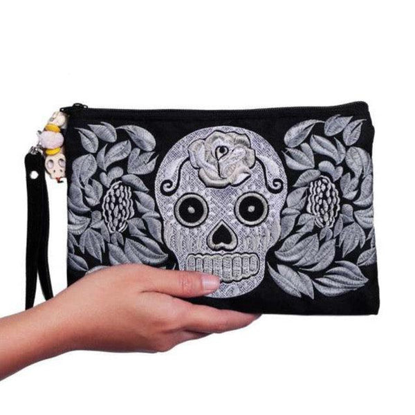 Sugar Skull Embroidered Monochrome Wristlet - Thailand