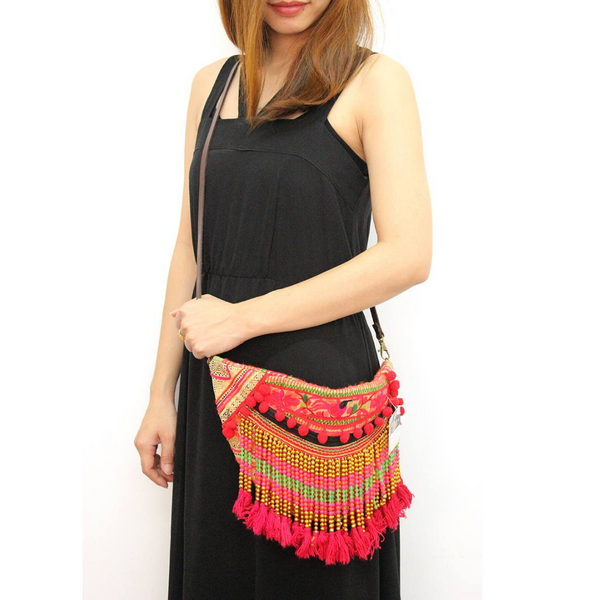 Vintage Hmong Beaded Fringe Cross-Body Purse - Thailand