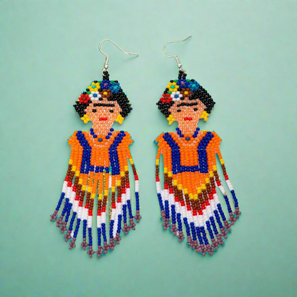 Frida Kahlo Seed Bead Dangly Earrings - Guatemala
