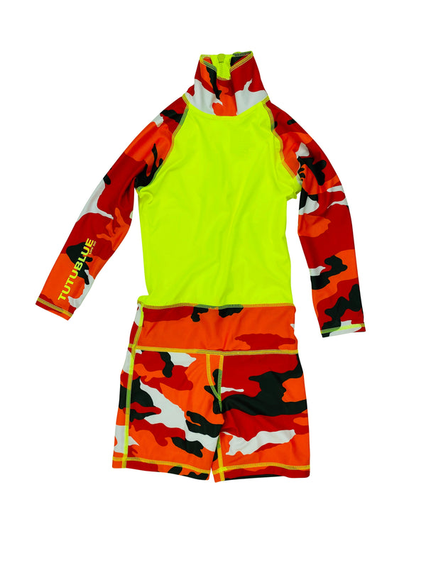 Boy's Short Body Swimsuit - UPF 50+ Sun Protective Swimwear - Red Camo w/Neon Yellow