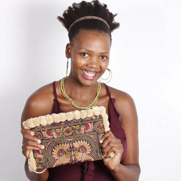 Double Pompom Embroidered Hmong Clutch - Thailand