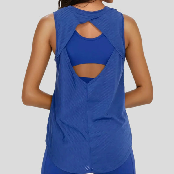 Sheer Striped Mesh Active Tank with Cut-Out Back Blue
