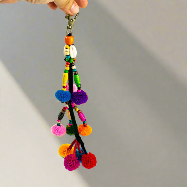 Cascade Pom Pom Keychain | Handmade Zipper Pull with Beads and Bells | Thailand