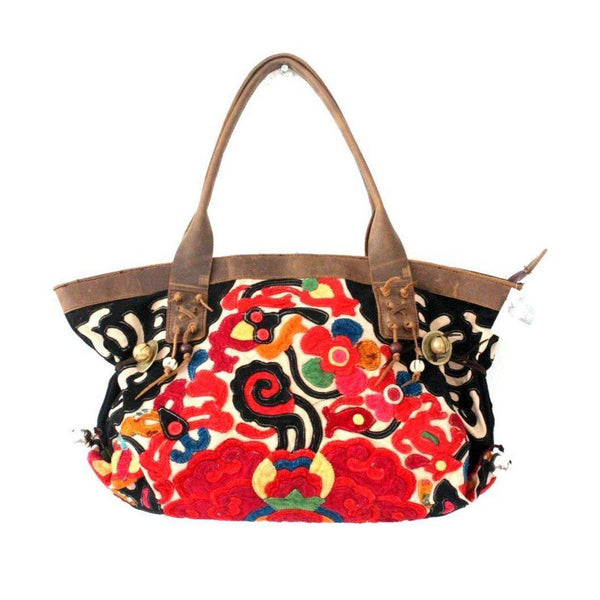 Artista Applique Textile Unique Leather Shoulder Handbag Tote - Thailand