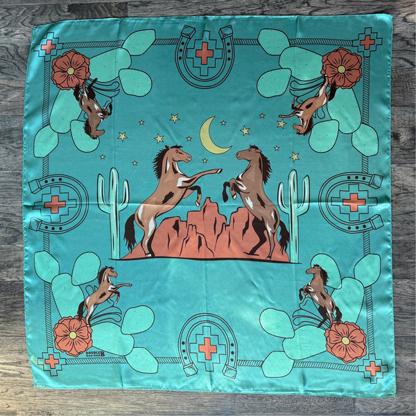 Wild Rag 100% SILK Soft Teal Blue Desert Mustang horse and Cactus Cowboy Neck Scarf Bandanna by Double B Wild Rags