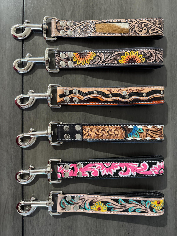 Short Western genuine leather dog pet leash for hiking or training by Double B Wild Rags