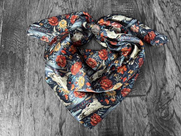 100% Silk Wild Rag Navy Blue Cow skulls and Cactus Double B Wild Rags