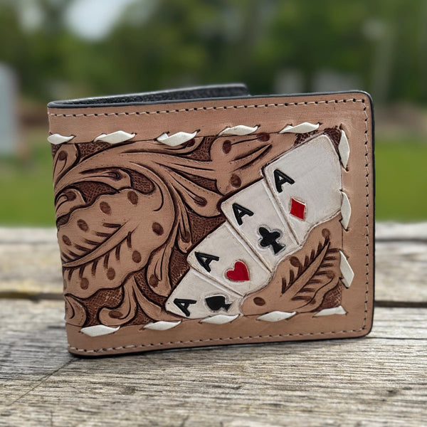 Men’s Western bi-fold wallet tooled Aces Cards with buckstitch details by Double B Wild Rags
