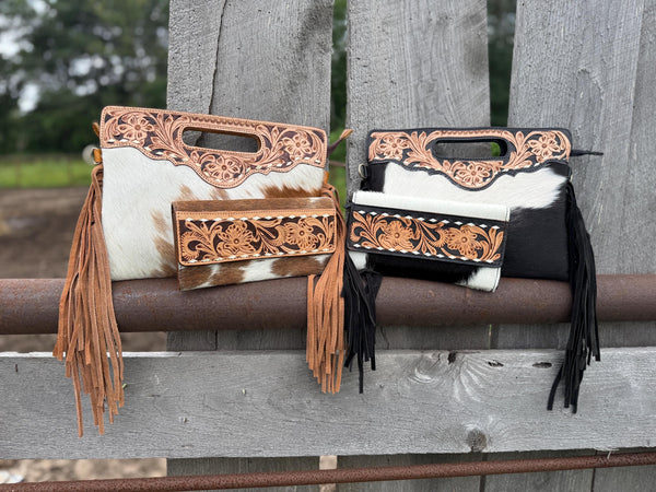 Genuine Western Cowhide Leather Purse and Wallet SET with buckstitch details by Double B Wild Rags