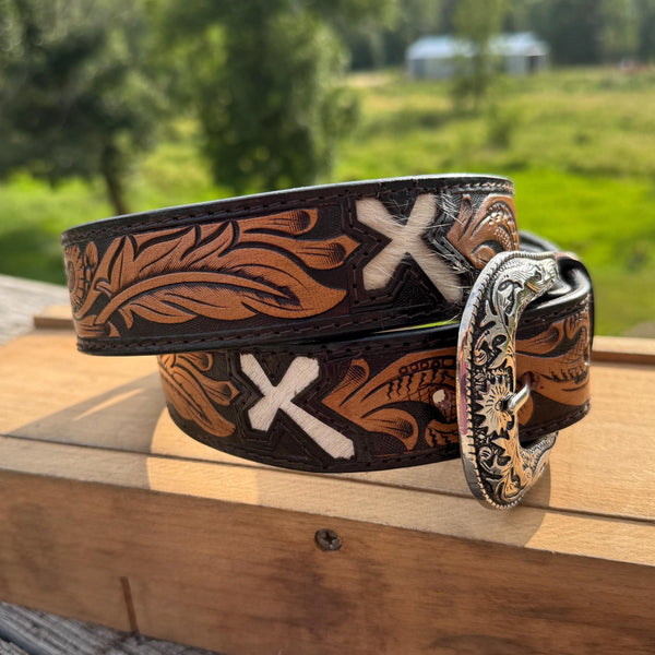 Genuine Leather Western Belt with tooled feathers and Cross cut outs by Double B Wild Rags
