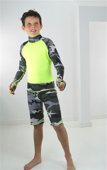 Boy's Short Body Swimsuit - UPF 50+ Sun Protective Swimwear - Grey Camo w/Yellow