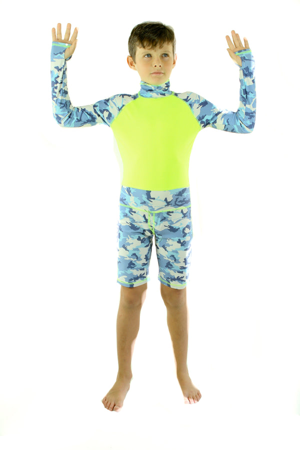 Boy's Short Body Swimsuit - UPF 50+ Sun Protective Swimwear - Blue Camo w/Yellow