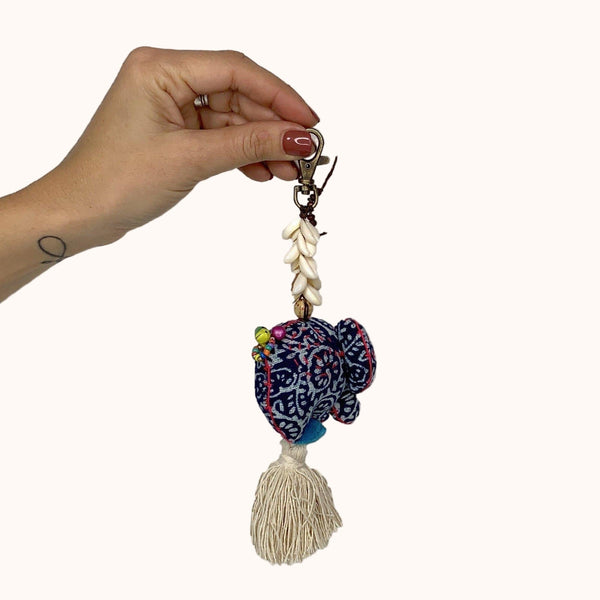 Oasis Batik Elephant Keychain with Shells and Tassel | Handmade Zipper Pull | Thailand