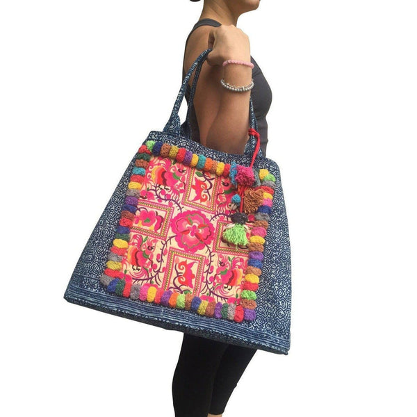 Oasis Hmong Batik PomPom Flower Beach Tote - Thailand