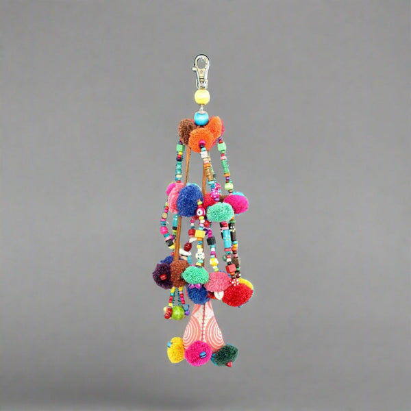 Pyramid XL Pom Pom Bag Charm | Handmade Zipper Pull with Beads and Shells | Thailand