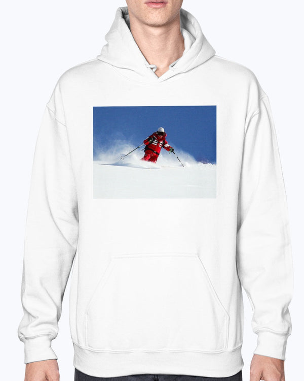 Bunny Hops, Skier in the Powder, Moss Apparel, Unisex Hoodie