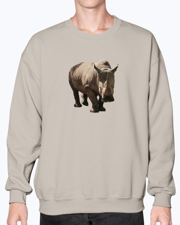 Rhino's Stance, Animal Lover Gift, Wildlife Sweatshirt, Nature Apparel, Thoughtful Gift, Eco-Conscious Fashion, Moss Apparel, Unisex Crewneck Sweatshirt