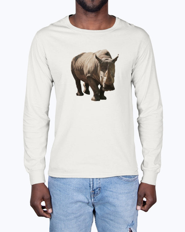 Rhino's Stance, Animal Lover Gift, Wildlife Sweatshirt, Nature Apparel, Thoughtful Gift, Eco-Conscious Fashion, Moss Apparel, Unisex Long Sleeve T-Shirt