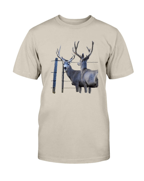 Mule Deer and Barbed Wire Fencing, Wyldlife for Tomorrow, Moss Apparel, Cotton T-Shirt