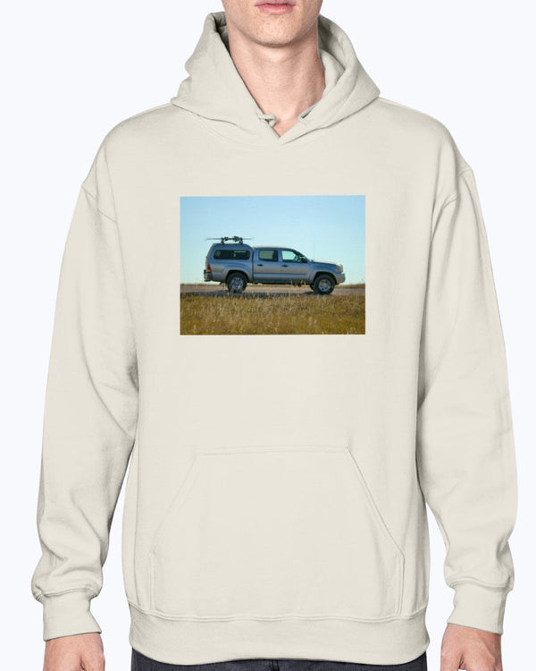 Lost Skier in a Tacoma, Bad Lands South Dakota, Moss Apparel, Unisex Hoodie