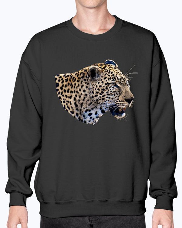 Leopard's Smile, Nature Lover's Cozy Apparel, cat lovers, wildlife fans, Moss Apparel, Unisex Crewneck Sweatshirt