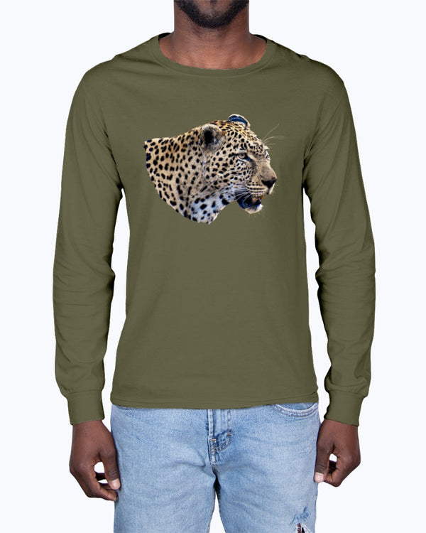 Leopard's Smile, Nature Lover's Cozy Apparel, cat lovers, wildlife fans, Moss Apparel, Unisex Long Sleeve T-Shirt