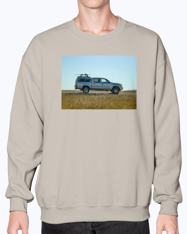 Lost Skier in a Tacoma, Bad Lands South Dakota, Moss Apparel, Unisex Crewneck Sweatshirt