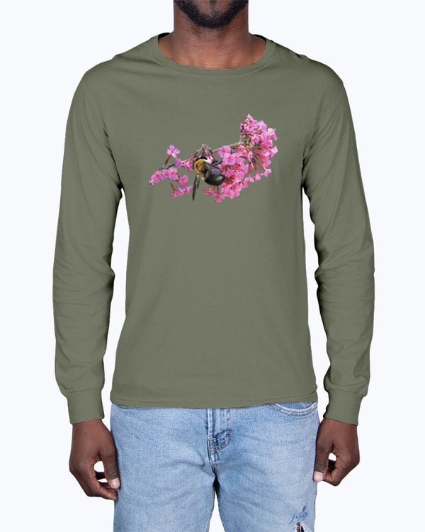 Bee and Butterfly Habitat Fund, Bee Pollinating Graphic, Moss Apparel, Long Sleeve T-Shirt