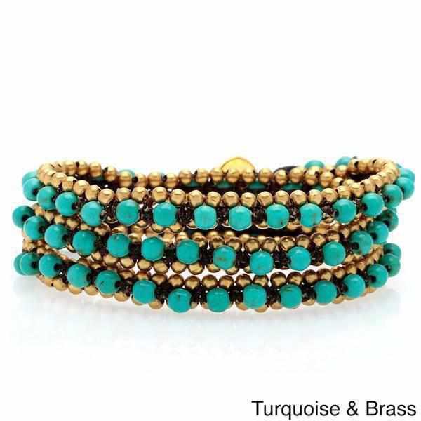 Stone and Brass Beads Three Wrap Bracelet - Thailand