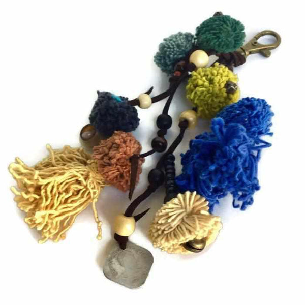 Suerte Pom Pom Zipper Pull with Beads, Shells, and Charms | Handmade Keychain | Thailand